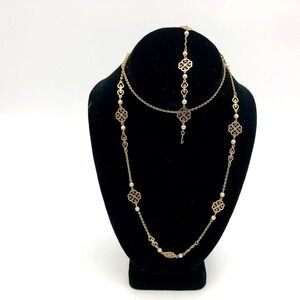 Avon Set Long Necklace Bracelet Chain Gold Floral Filigree Faux Pearl Vintage